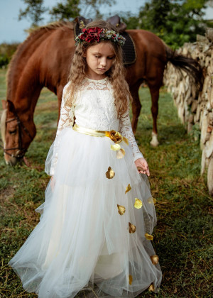 Ivory Lace Tulle Gold Petals Sweet Flower Girl Dress